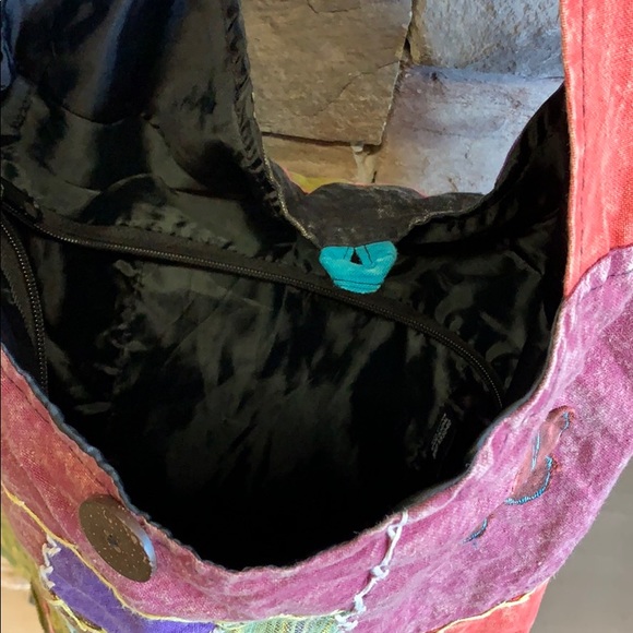 Nepal Hippie Satchel | Large Vibrant Stitched Patch Purse | Bucket Bag Colorful - Picture 4 of 8